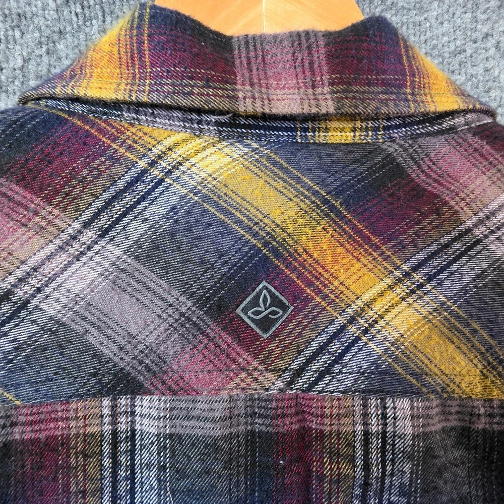 Prana Mens XL Plaid Flannel Shirt Jacket Thermal Lined Snap Front Purple Yellow
